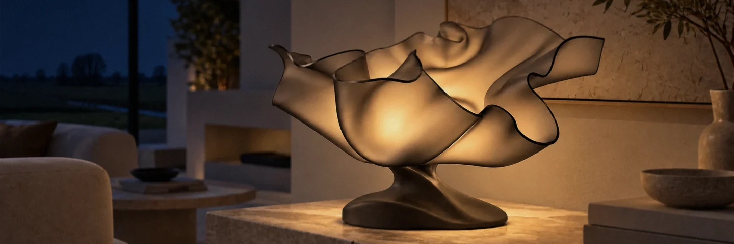 Sculpturale LUMI-lamp die 's avonds warm licht geeft